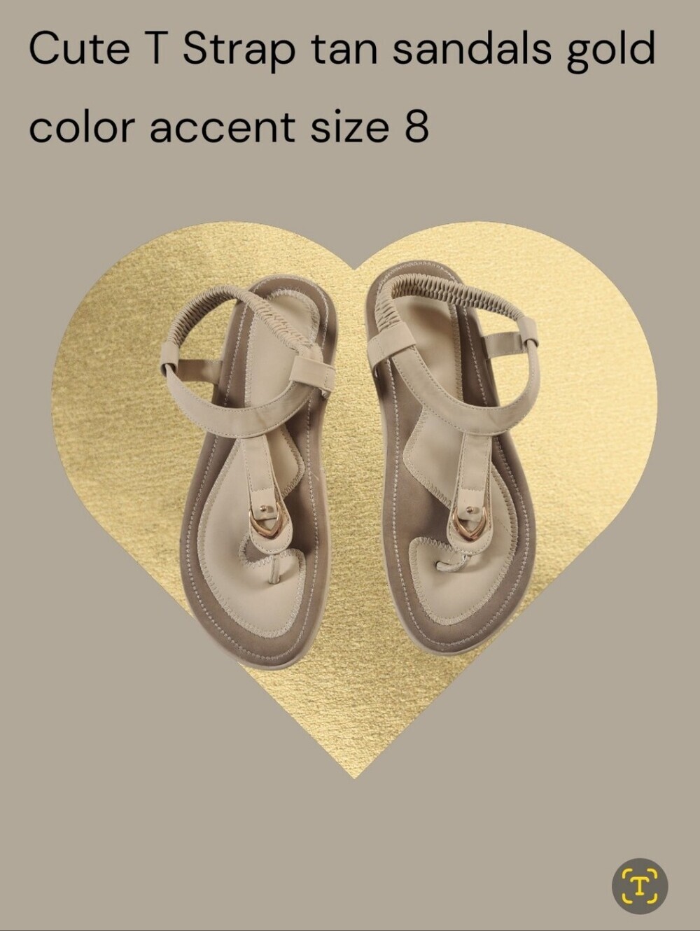 Cute Cushioned Tan T-Strap Women's 8 Sandals Gold Accent Elastic Back